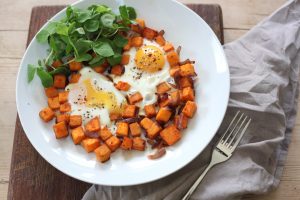 Spinach and Sweet Potato Hash with Poached Eggs